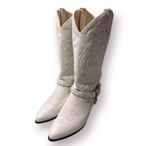ACME White Knee‎ High Cowboy Heeled Boots Size 6.5 M Vintage 80s Western w/ Box